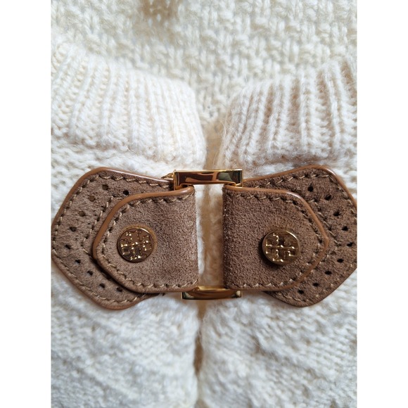 TORY BURCH Wool Alpaca Blend Cable Knit Cardigan Sz XL Beige Leather Logo Close - Picture 5 of 7